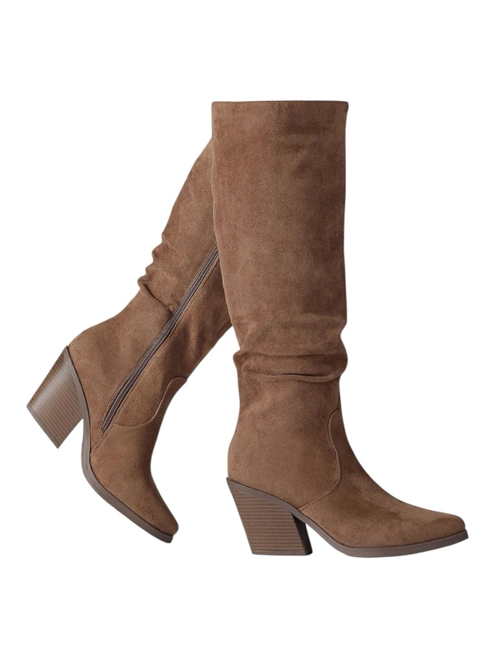Slouchy Knee High Faux Suede Boots Pointed Toe Stacked Chunky Heel Sz 10 NEW